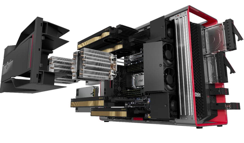 Exploded view of an AI workstation showing CPU cooling, GPUs, RAM, CPU, motherboard, power supply, cooling and drives